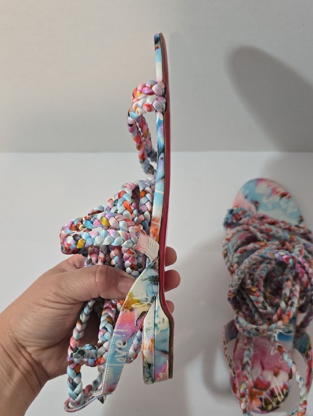CHRISTIAN LOUBOUTIN MARYAM Multicolor Satin Braided Lace Up Sandals - Picture 10 of 16